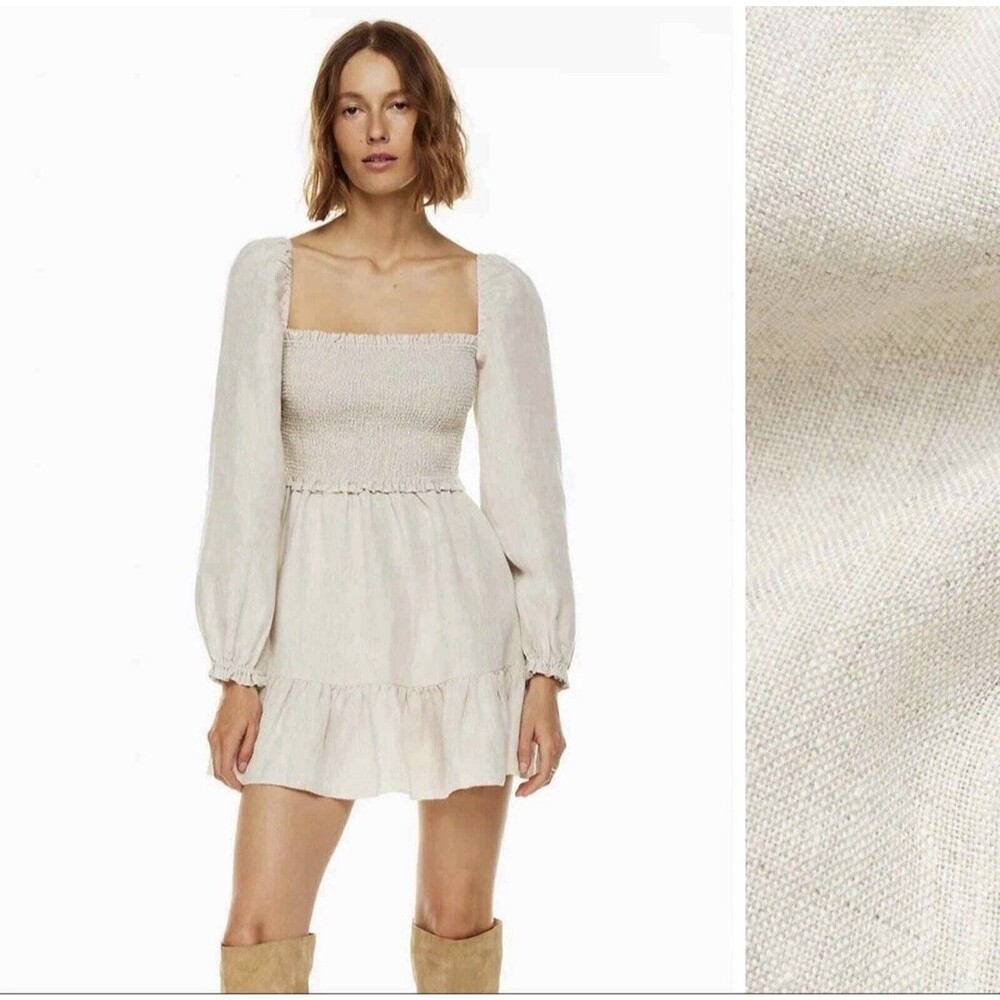 Aritzia Wilfred Tempest Natural Oatmeal Organic Linen Smocked Mini Dress S Boho